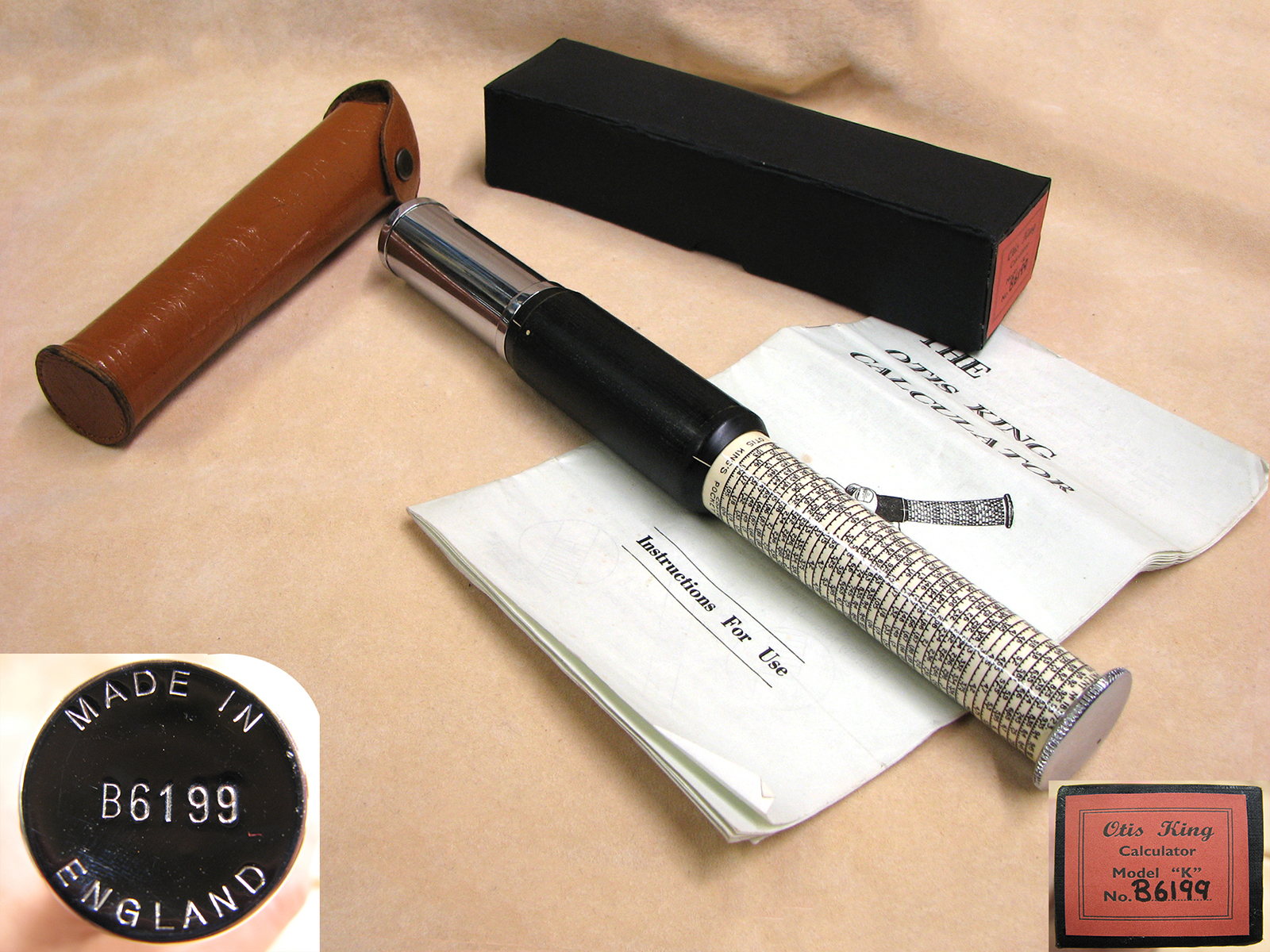 Early 1970s Otis King Model K type C cylindrical calculator in leather case